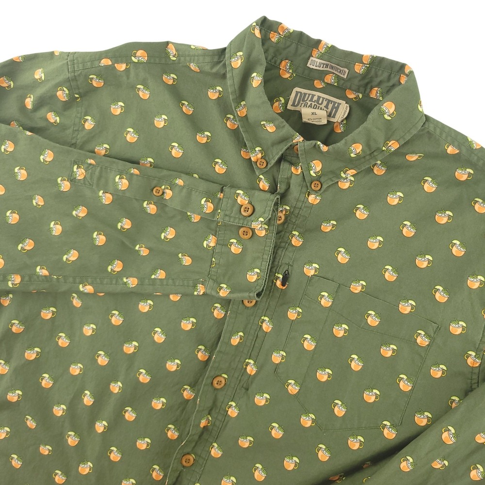 Duluth Trading Shirt Mens XL Green Cocktail Print Long Sleeve Button Up Casual
